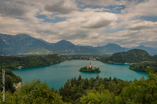 Island on lake in Bled town in Slovenia in cloudy summer day