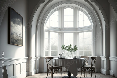 White dining room corner with arched windows © Azar