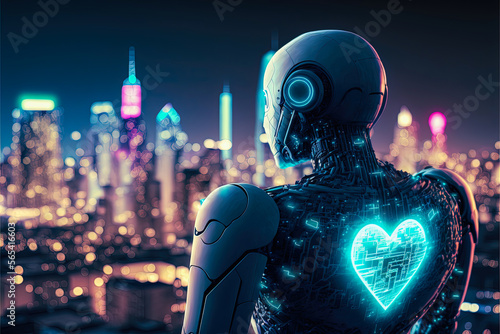 A futuristic technology humanized by the symbol of a luminous heart. A bright urban setting at night highlighting the skyscrapers. To illustrate emotions or a graphic utility. photo