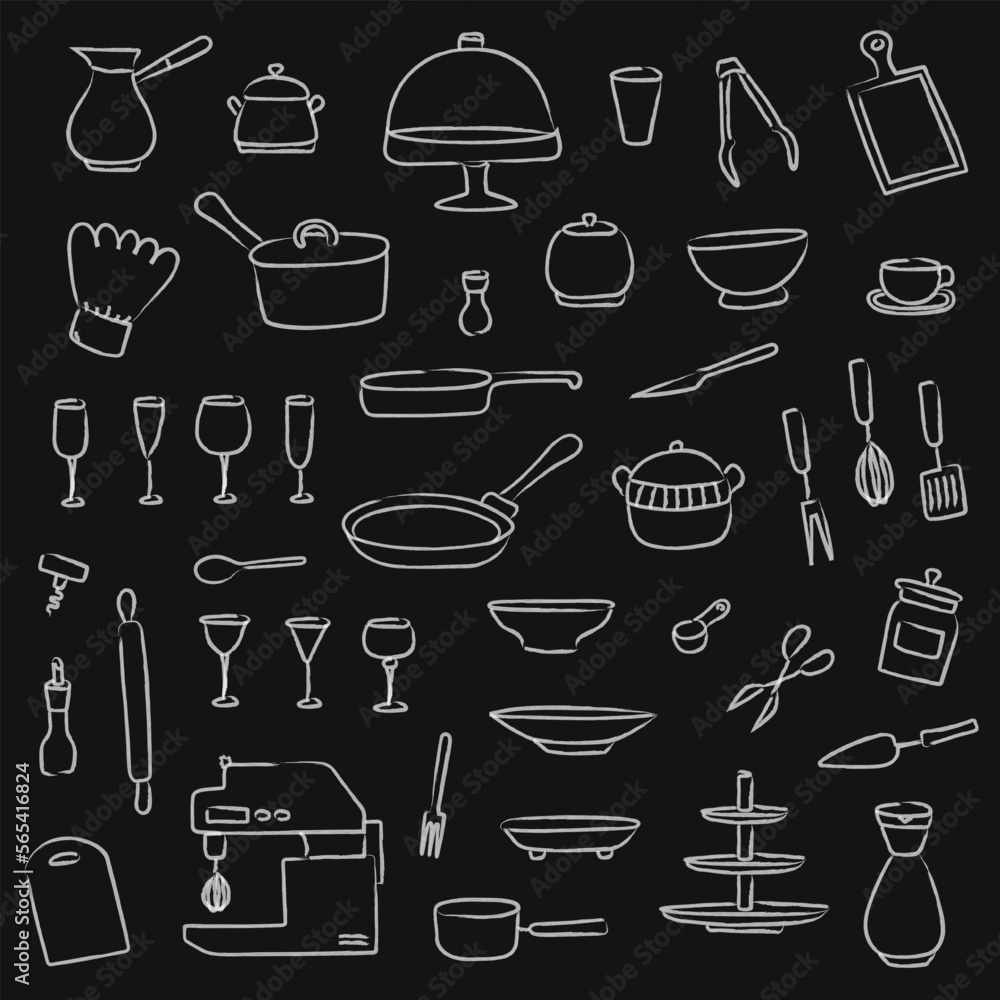 Set of hand drawn sketchy kitchenware on dark chalkboard background. Freehand white doodle cooking tools, cutlery. Linear silhouettes of cookware for restaurant menu, bakery, cooking book, wallpaper Set of hand drawn sketchy kitchenware on dark chalkboard background. Freehand white doodle cooking tools, cutlery. Linear silhouettes of cookware for restaurant menu, bakery, cooking book, wallpaper
