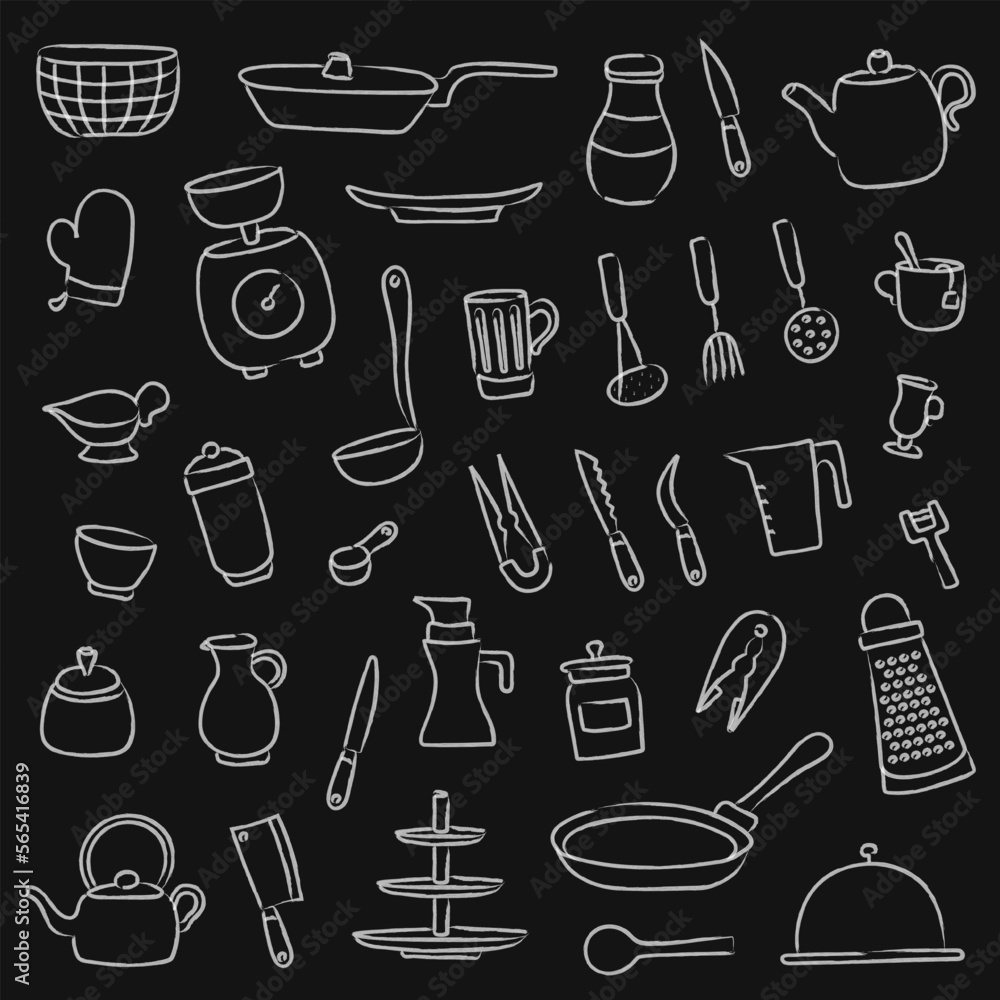 Set of hand drawn sketchy kitchenware on dark chalkboard background. Freehand white doodle cooking tools, cutlery. Linear silhouettes of cookware for restaurant menu, bakery, cooking book, wallpaper Set of hand drawn sketchy kitchenware on dark chalkboard background. Freehand white doodle cooking tools, cutlery. Linear silhouettes of cookware for restaurant menu, bakery, cooking book, wallpaper