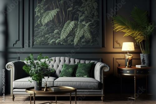 Modern living room design and wallpaper decoration for tropical plant leaves and sofas board with table, lighting and Landscape wallpaper in classic old style