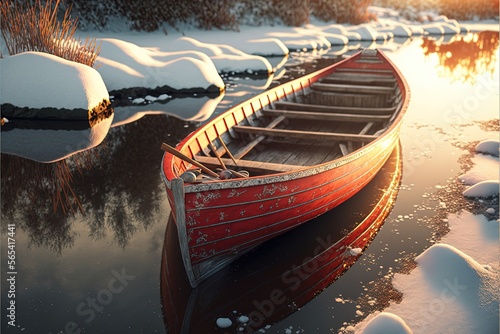 A small red longboat in the frozen and iced canals of Amsterdam.