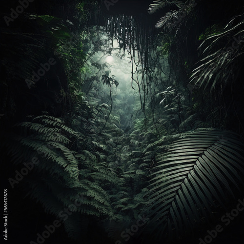 A dense tropical rainforest.	