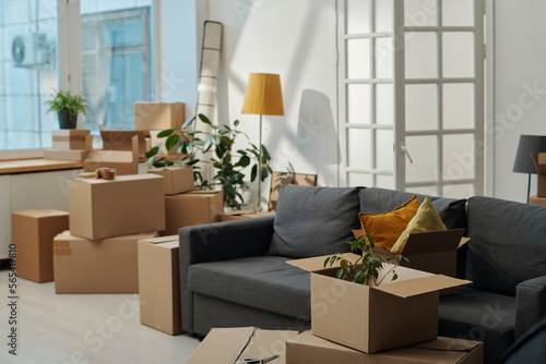 Horizontal image of new apartment with packed cardboard boxes for moving