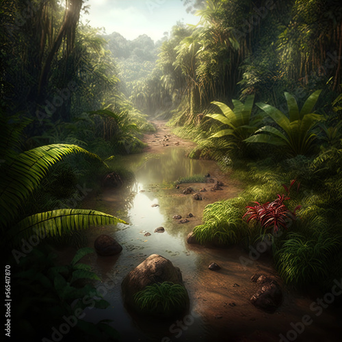 A dense tropical rainforest. 