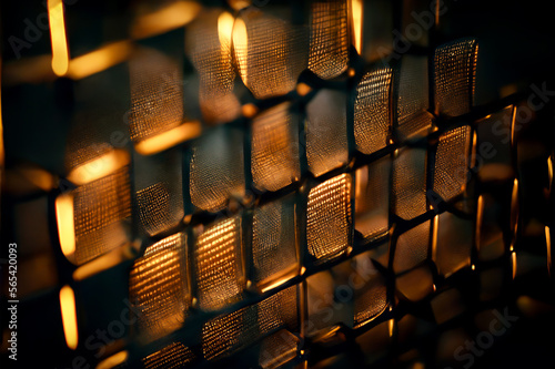 Wall of grid blocks. Abstract glowing background with yellow light. Generative AI