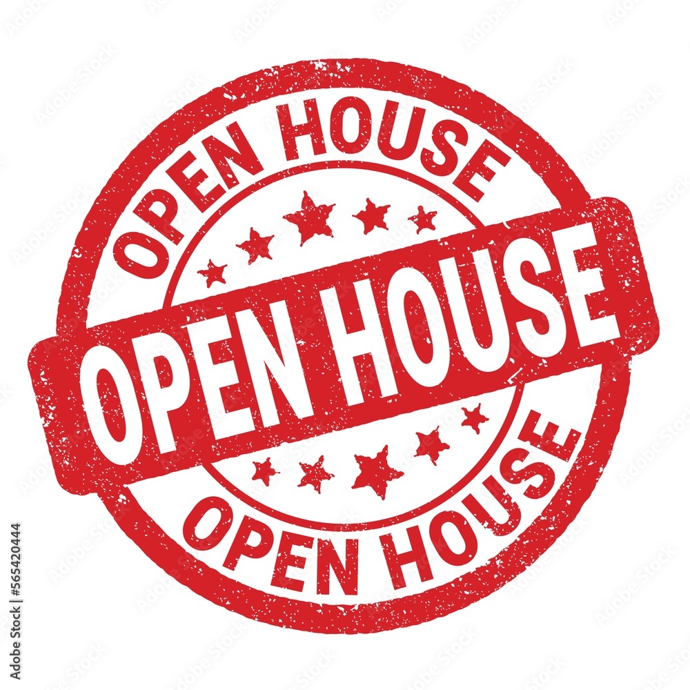 OPEN HOUSE text written on red round stamp sign. OPEN HOUSE text written on red round stamp sign.