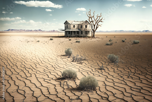 Barren landscape fith crached dried soil, abandoned farm and dead tree in a distance. Rural depopulation concept, generative AI illustration photo