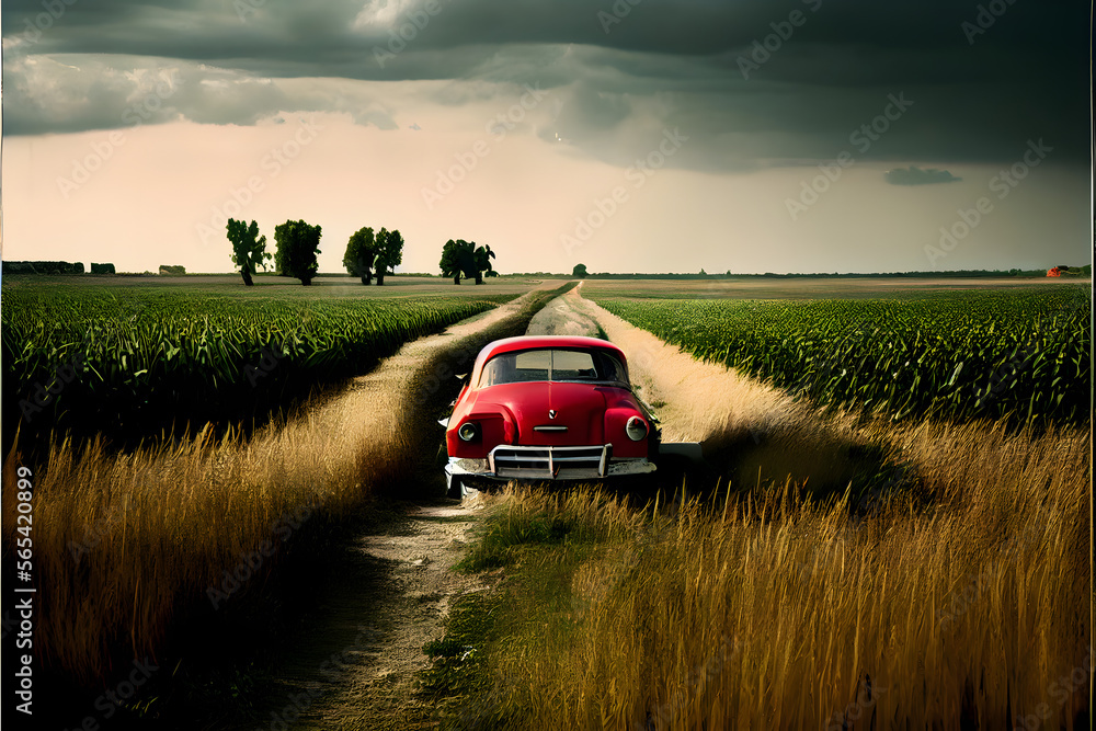 Fototapeta premium A Single Loney Red Car on a Country Road: A Visually Stunning Cinematography Stock Photo of a Broken Down Car in a Corn Field