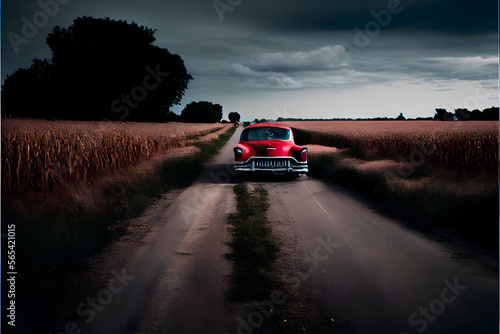 A Single Loney Red Car on a Country Road: A Visually Stunning Cinematography Stock Photo of a Broken Down Car in a Corn Field © Hugo