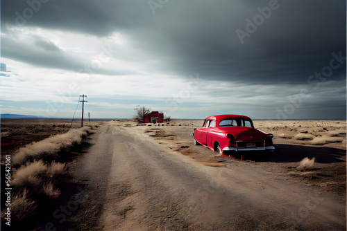 A Single Loney Red Car on a Country Road  A Visually Stunning Cinematography Stock Photo of a Broken Down Car in a Corn Field