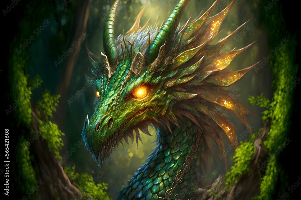 Green Dragon in the cave, the lord of dragons, has good platinum scales, bright eyes, and is