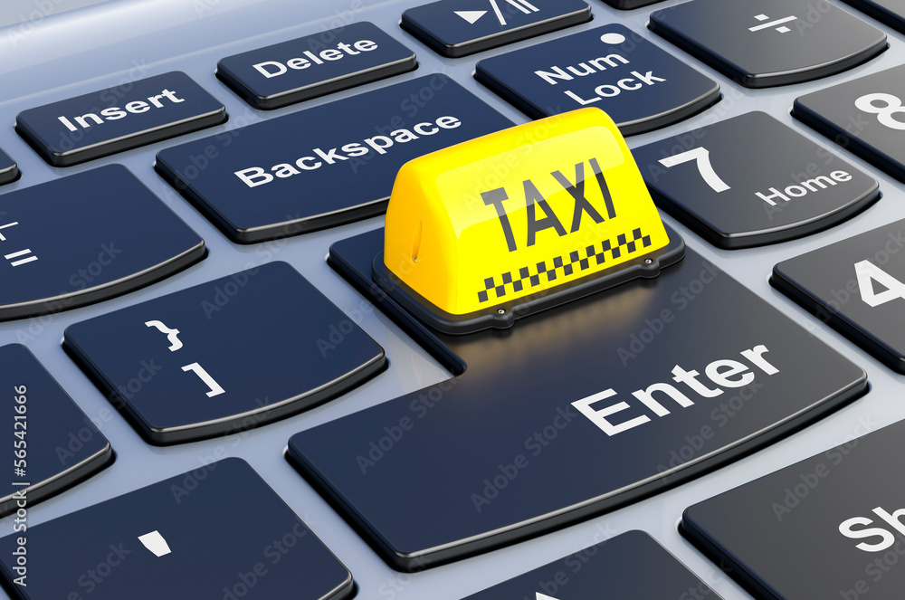 Fototapeta premium Taxi car signboard on laptop keyboard, 3D rendering