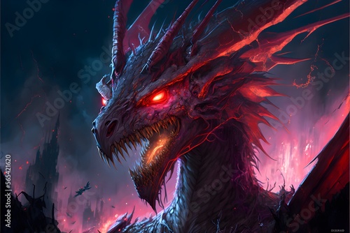 Red Fire Dragon in the cave  the lord of dragons  has good platinum scales  bright red eyes  and is surrounded by dazzling red lights and fire. generative ai