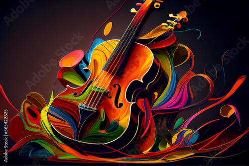 Vibrant Guitar with Notes: A Painted Style Illustration of an Electric Guitar with Brushstrokes and Vibrant Colors for Music, Rock, and Guitar Enthusiasts
