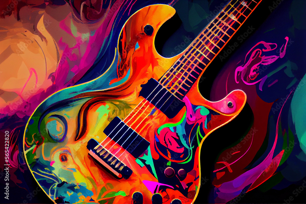 Vibrant Guitar with Notes: A Painted Style Illustration of an Electric Guitar with Brushstrokes and Vibrant Colors for Music, Rock, and Guitar Enthusiasts