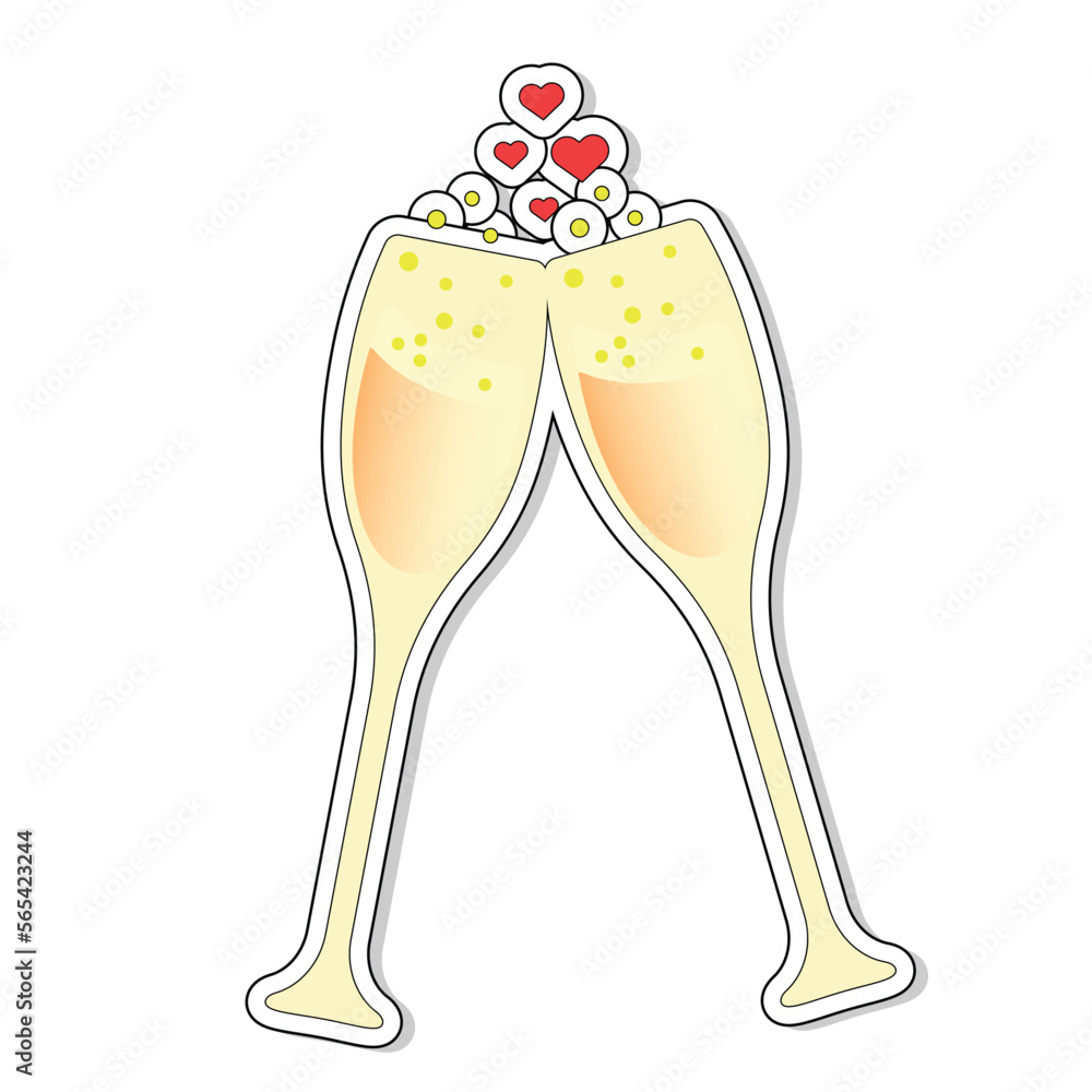Champagne glasses, a sticker for a wedding or valentine's day. Vector on a white background