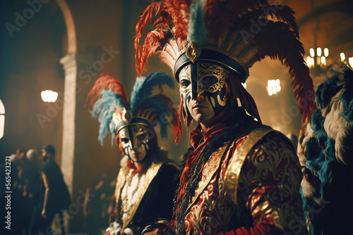 Men in carnival costumes wearing Venetian masks. gererative ai