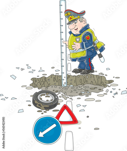 Funny puzzled traffic cop measuring a depth of a large and deep pothole in a road, vector cartoon illustration isolated on a white background
