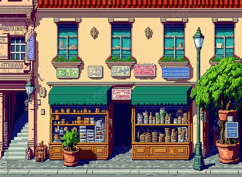 Pixel art shops in european shopping street, old european shops, background in retro style for 8 bit game, Generative AI  © Pixel  Land