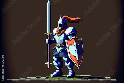 Pixel art knight character for RPG game, character in retro style for 8 bit game