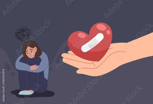 Young sad female sit and hug her knees with hand holding heart to help. Concept of support and care for people under stress. Understand and listen to mental disorder people. Flat vector illustration.