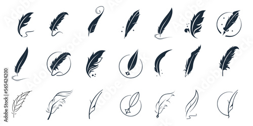 icon set vector feather ink inspiration. feather pen ink signature symbol. set of abstract signature feather pen logo design template on white background.
