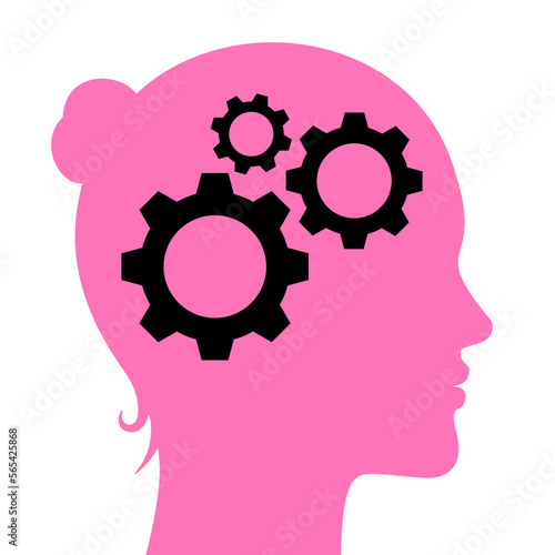 Womans head with cogs, vector icon. Logical thinking female, concept vector illustration.
