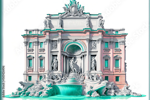 This illustration depicts the iconic Fontana di Trevi (Trevi Fountain) in Rome, Italy. The fountain is shown in all its vibrant and grandeur, with the water flowing. Generative AI.