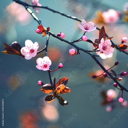 Beautiful flowering Japanese cherry Sakura. Season Background. Outdoor natural blurred background with flowering tree in spring sunny day.