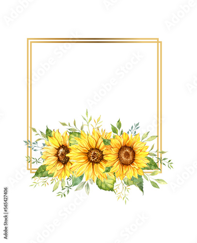 Fototapeta Naklejka Na Ścianę i Meble -  Floral Frames with Sunflowers and Leaves. Watercolor sunflower frame. White background. Watercolor floral botanical Drawing. Geometric Floral Frame for wedding invitation, greeting card rustic style	
