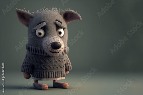 Knit toy wolf is sadly standing isolated on the background.