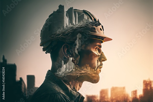 Double eposure of construction worker and a construction site, buildings and architecture concept, Generative Ai, Not a real person photo