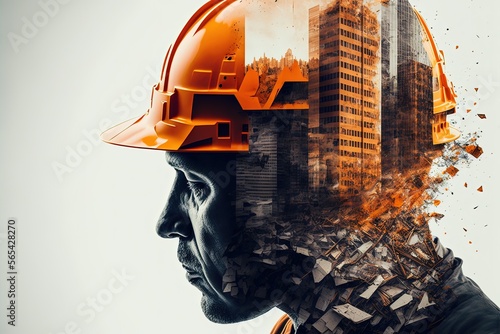 Double eposure of construction worker and a construction site, buildings and architecture concept, Generative Ai, Not a real person photo