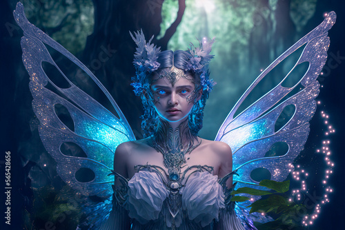 Beautiful fairy with translucent wings in a magical forest. Non-existent person. Post-processed generative AI	

