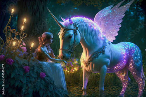 Beautiful fairy queen and majestic white unicorn. Non-existent person. Post-processed generative AI © Katynn