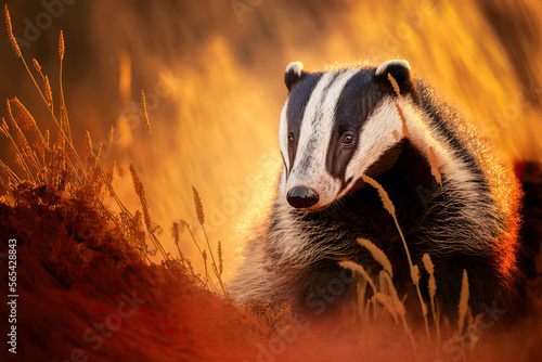 Cute badger on a sunny day. Animal in nature habitat. Animal in the wood. Mammal in environment.  Post-processed digital AI art © Katynn