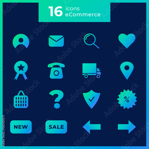 e-commerce set of flat icons for web and applications. includes flat icons of account, favourites, wish list, phone,  chat, sale card, search, new, location, mail, delivery, question
