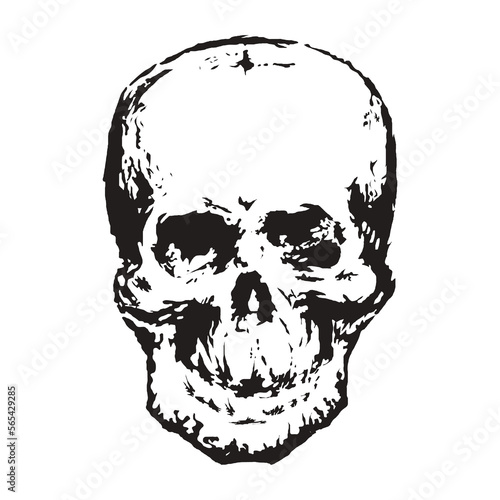 White graphic human skull with black eyes.