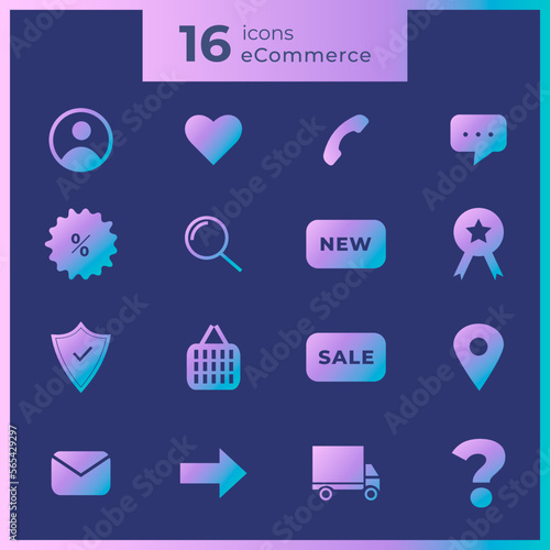e-commerce set of flat icons for web and applications. includes flat icons of account, favourites, wish list, phone,  chat, sale card, search, new, location, mail, delivery, question