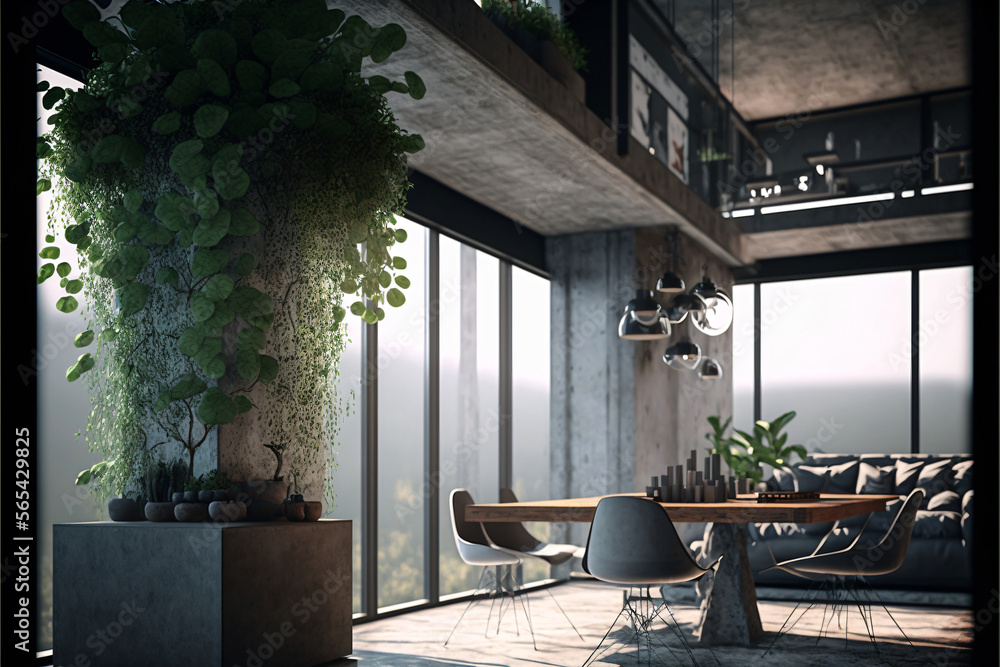 Fototapeta premium Modern design living room apartment interior with concrete walls. Designed using generative ai. 