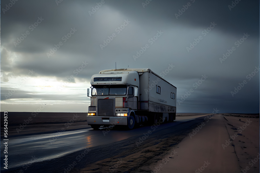 Obraz premium A Single Loney Lorry Stranded on a Motorway: A Visually Stunning Cinematography Stock Photo of a Broken Down Truck in the Middle of Nowhere