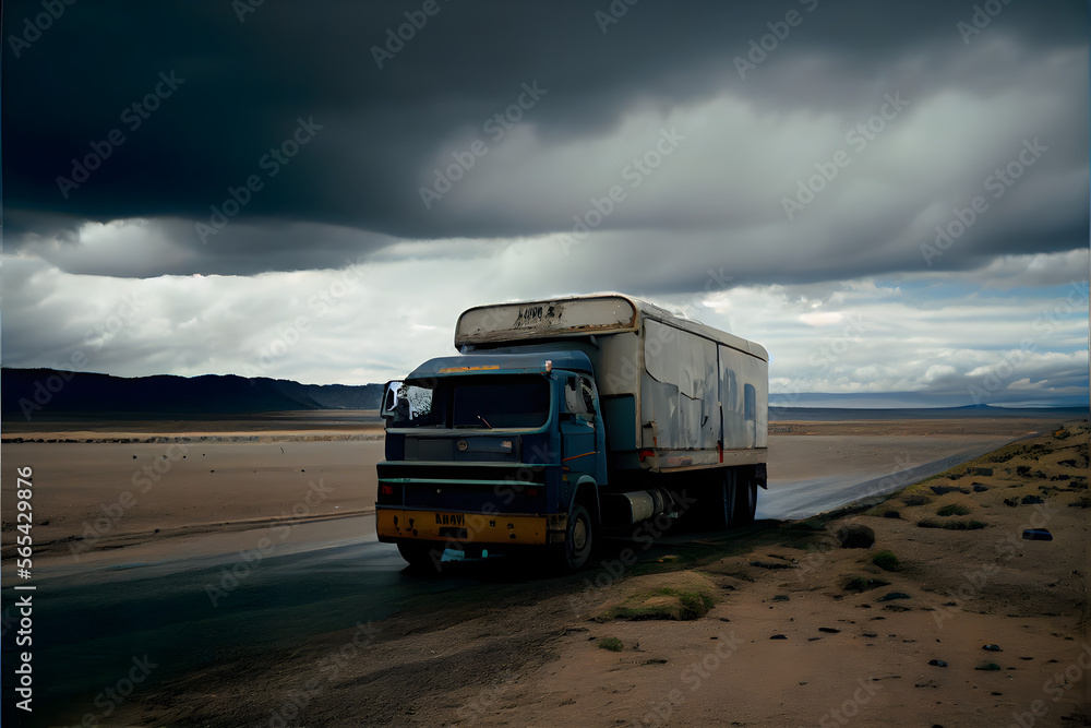 A Single Loney Lorry Stranded on a Motorway: A Visually Stunning Cinematography Stock Photo of a Broken Down Truck in the Middle of Nowhere