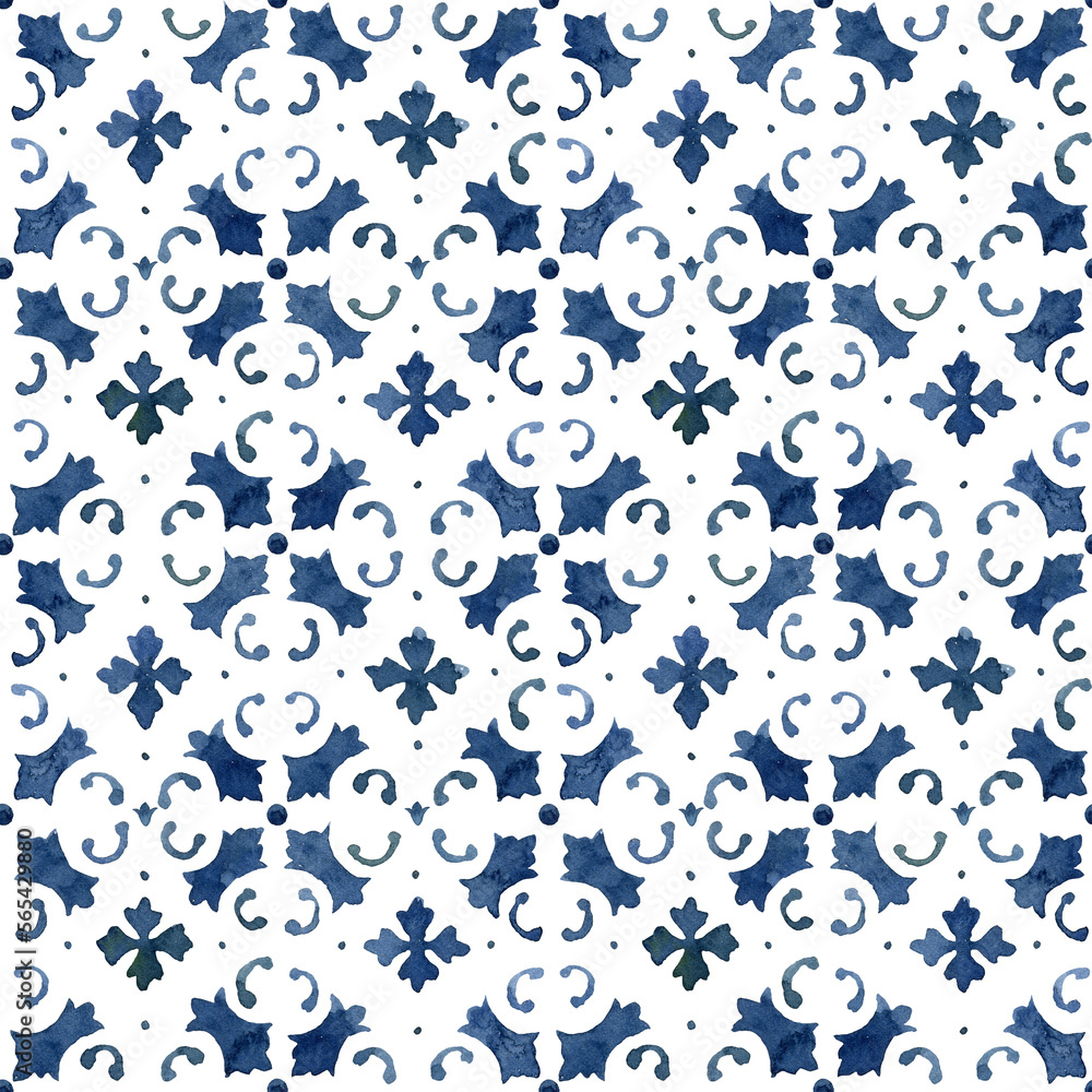 Watercolor classical seamless pattern consisting of blue elements and Mediterranean tiles. Hand painted traditional illustration isolation on white background for design, print, fabric or background.