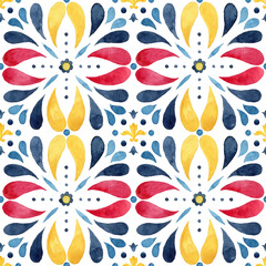 Fotobehang Portugese tegeltjes patronen Watercolor vintage seamless pattern consisting of red, blue and yellow Mediterranean tiles and elements. Hand painted illustration isolation on white background for design, print or background.  © yuliya_derbisheva