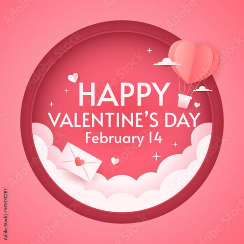 Valentine's day banner. Horizontal banner with pink sky and paper cut clouds. Place for text. Happy Valentine's day sale header or voucher template with hearts.