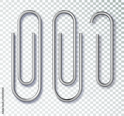 Realistic metal paper clip . Page holder, binder. Vector