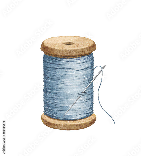Obraz na płótnie Watercolor vintage antique blue wooden bobbin of thread with steel needle for sewing isolated on white background