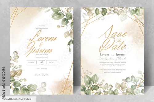 Greenery Wedding Invitation Card Template with Eucalyptus Leaves
